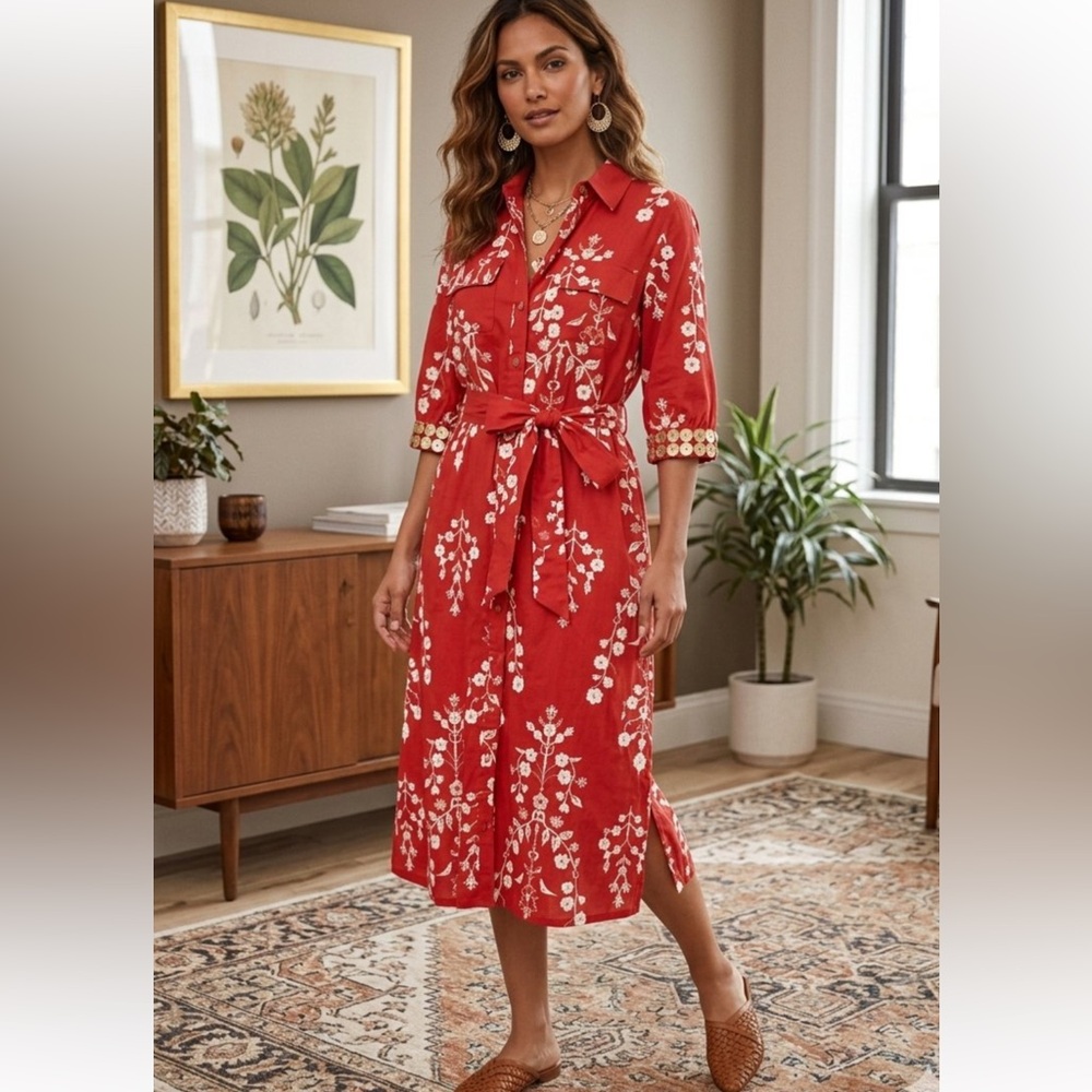 Sheridan French Red Floral Maxi Shirt Dress with Tie Waist